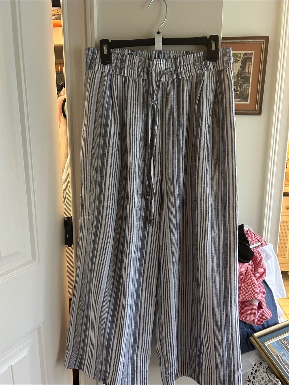 Striped Wide-Leg Linen Blend Pants in Blue and White